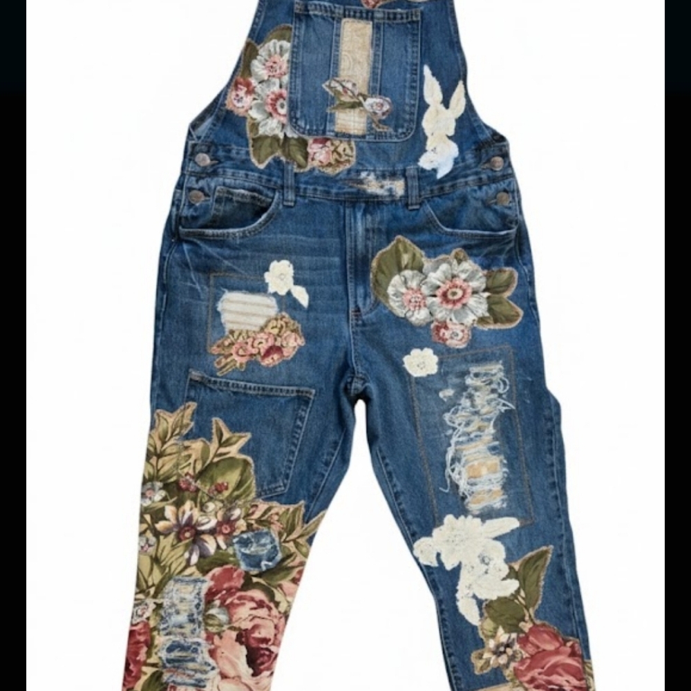 Floral Upcycled Patchwork Dark Denim Overalls By … - image 12